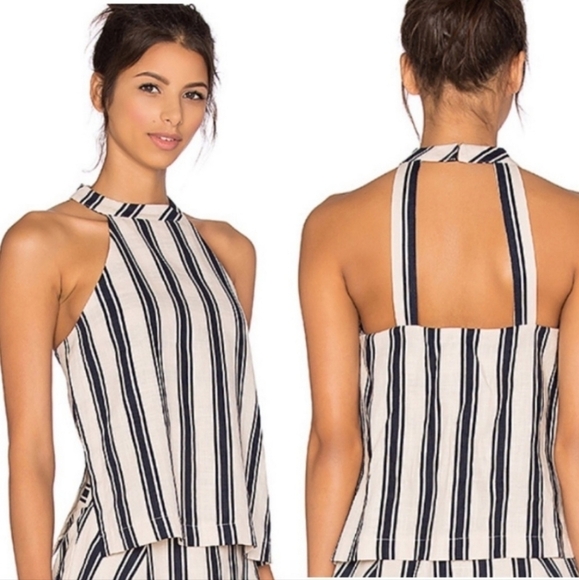 J.O.A. Taupe Navy Striped Swing Halter Tank Split Sides Cut Out Back - Picture 1 of 13